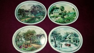 Vintage Currier And Ives 14 1/2” Oval Metal Serving Trays Set Of 4 Season 2