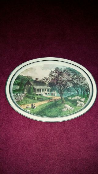 Vintage Currier And Ives 14 1/2” Oval Metal Serving Trays Set Of 4 Season 3