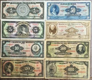 Mexico 1954 - 1972 Complete Set 1,  5,  10,  20,  50,  100,  500 & 1000 Pesos 8 Notes