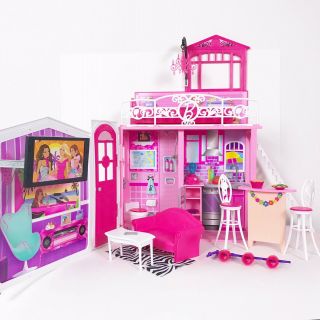 Barbie 2009 Glam Vacation Beach House Fold Out Doll House Furniture Accessories