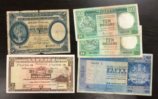 Hong Kong - 1,  5,  10,  10,  50 Dollars - (1935,  1969,  1988,  1988 &1969),  Circulated.