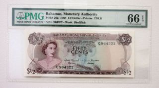 Bahamas Monetary Authority 1968 $1/2 P - 26a Issued Pmg Gem Unc 66 Epq