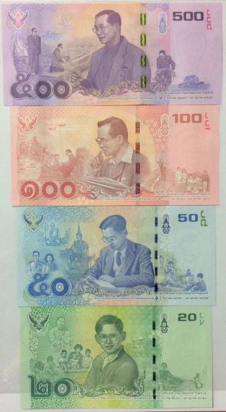 Thailand Set 4 Unc 20 50 100 500 Baht 2017 Comm King Rama Ix Bhumibol Design
