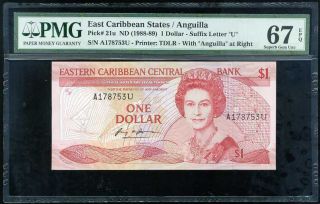 East Caribbean 1 Dollars 1988 - 89 P 21 U Anguilla Gem Unc Pmg 67 Epq Nr