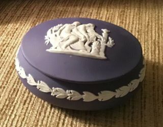 Vintage Wedgwood Dark Blue Jasperware Oval Apollo Trinket Box