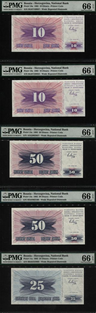 Tt Pk 10a,  11a & 12a 1992 Bosnia Herzegovina 10,  25 & 50 Dinara Pmg 66q Set Of 5