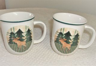 Folk Craft Moose Country 2 Coffee Mugs Cups Stoneware A Rare Version