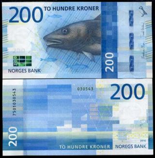 Norway 200 Kroner 2016 / 2017 P 55 Salmon Fish Au - Unc
