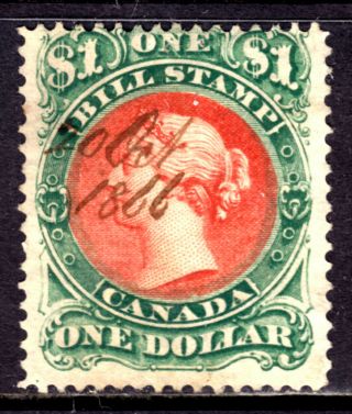 Canada Second Bill Stamp Fb34 $1 Green & Red,  1865 Perf12,