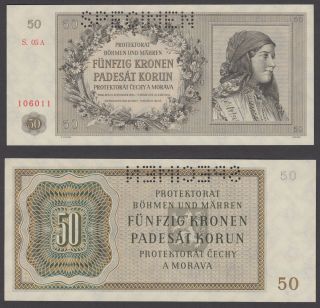 Bohemia & Moravia 50 Korun 1944 Unc Specimen Crisp Banknote P - 10s