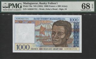 Tt Pk 76a Nd (1994) Madagascar 1000 Francs = 200 Ariary Pmg 68q Gem Unc