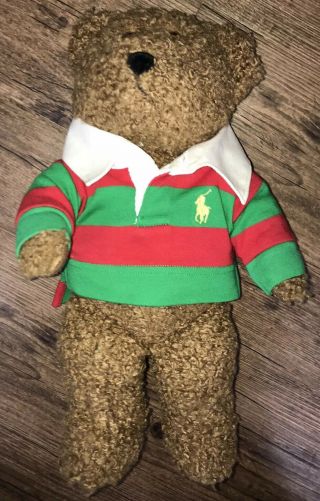 Ralph Lauren Teddy Bear 14 " Plush Stuffed Red Green Striped Polo Shirt 2005 Date