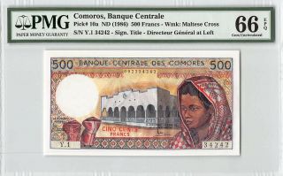 Comoros Nd (1986) P - 10a Pmg Gem Unc 66 Epq 500 Francs