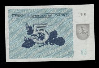 LITHUANIA 5 (TALONAS) 1991 PICK 34a UNC LESS. 2