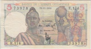 French West Africa P36 - 3978 5 Francs 21.  11.  1953,  Ef We Combine