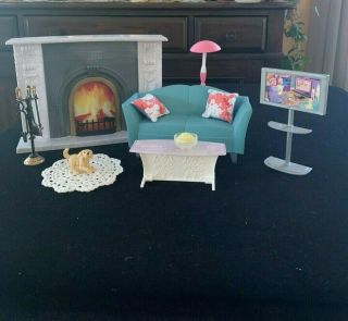 Mattel Barbie Living Room Set - Fireplace,  Teal Sofa,  Table,  Tv - Ec