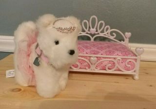 American Girl Dog Coconut W/pink Tutu,  Collar,  Crown & Pink Princess Pet Bed