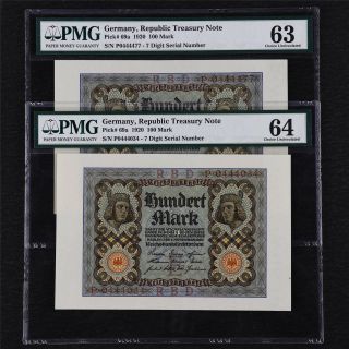 1920 Germany Republic Treasury Note 100 Mark Pick 69a Pmg 64 / 63 Choice Unc 2p