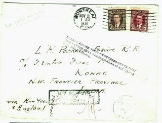 1938 George Vi 25₵ Karachi Air Mail Cover From Montreal To Kohat,  India