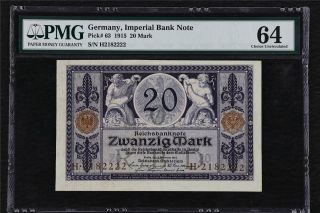 1915 Germany Imperial Bank Note 20 Mark Pick 63 Pmg 64 Choice Unc