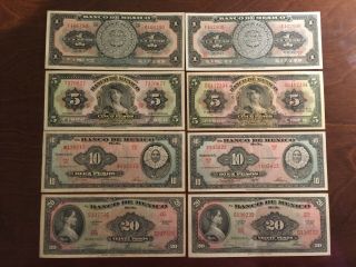 1943 - 1967 1,  5,  10 & 20 Peso,  Banco De Mexico (8 Notes) Crisp