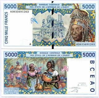 West African States Ivory Coast 5000 5,  000 Francs 2003 P 113 A Au - Unc