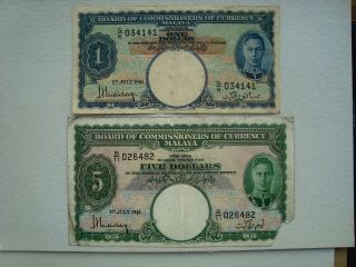 2 Pces Malaya And British Borneo 1941 One Dollar And 5 Dollars Vf