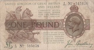 1 Pound Vg Banknote From Great Britain And Ireland 1917 Pick - 351 Sign:bradbury