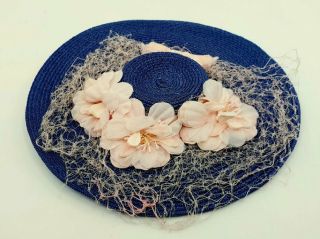 1958 Madame Alexander Cissy Blue Cartwheel Straw Hat Pink Flowers & Ribbon 2