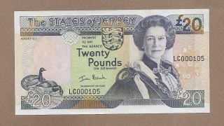 Jersey: 20 Pounds Banknote,  (au),  P - 29a,  Very Low S/n,  2000,