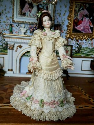 Dollhouse Miniature Artisan Porcelain Lady Doll Cream Color Gown Lace Trim 1:12 3