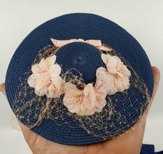 1958 Madame Alexander Cissy Blue Cartwheel Straw Hat Pink Flowers Velvet Ribbon