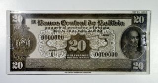 Banco Central De Bolivia Face,  Back Bromide Photo Proof 20 Bolivares 1929 Sbnc