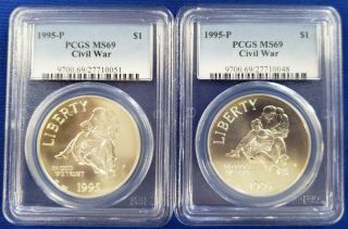 2 - 1995 - P Us 90 Silver " Civil War " Comm.  $1 Both Pcgs Ms69 2 Coins L5440