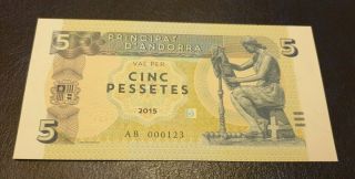 Andorra 5 Pesetas 2015 Unc Specimen Test Note Gabris Banknote Serial 000123