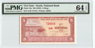 South Vietnam Nd (1955) P - 13a Pmg Choice Unc 64 Epq 5 Dong