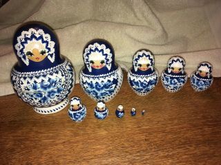 Russian Nesting Doll 10pc Gorgeous Blue&white Hand Painted 6.  5”