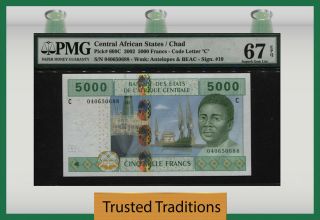 Tt Pk 609c 2002 Central African States / Chad 5000 Francs Pmg 67 Epq Gem