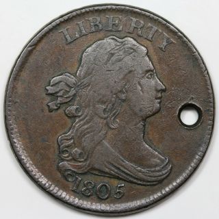 1805 Draped Bust Half Cent,  Small 5,  No Stems,  Vf - Xf Detail
