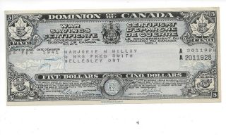 1941 Dominion Of Canada $5 War Savings Certificate 15 - Feb - 1941