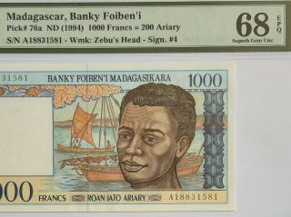 Madagascar - 1000 Francs - 1994 - Pick 76a Pmg 68 Epq Gem Unc Scarce Grade