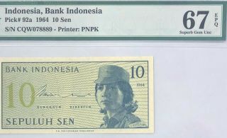 Indonesia - 10 Sen - 1964 - Pick 92a - Serial 078889 Pmg 67 Epq Gem Unc