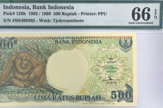 Indonesia - 500 Rupiah - 1992 / 1999 - Pick 128h - S/n 480365 Pmg 66 Epq Gem Unc