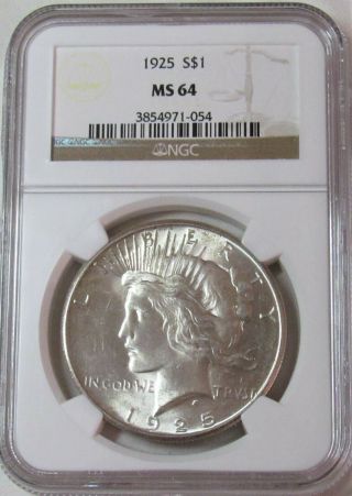 1925 Peace Dollar Ngc Ms64 Bright White