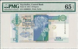 Central Bank Seychelles 10 Rupees 2013 Low S/no 000046 Pmg 65epq