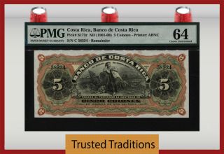 Tt Pk S173r 1901 - 08 Costa Rica Banco De Costa Rica 5 Colones Pmg 64 100,  Yrs Old