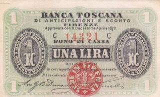 1 Lira Extra Fine - Aunc Banknote From Italy/banca Toscana 1870 Pick -