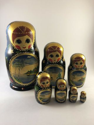 7 Nesting Dolls Russian Hand - Painted Babushka Wooden Floral Black Gold