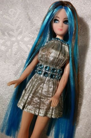 Topper Dawn Doll Longlocks Blue Hair Highlights By Me :) Silver Dress Ooak