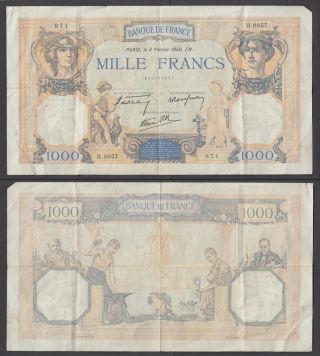 France 1000 Francs 1940 In (f - Vf) Crisp Banknote P - 90c